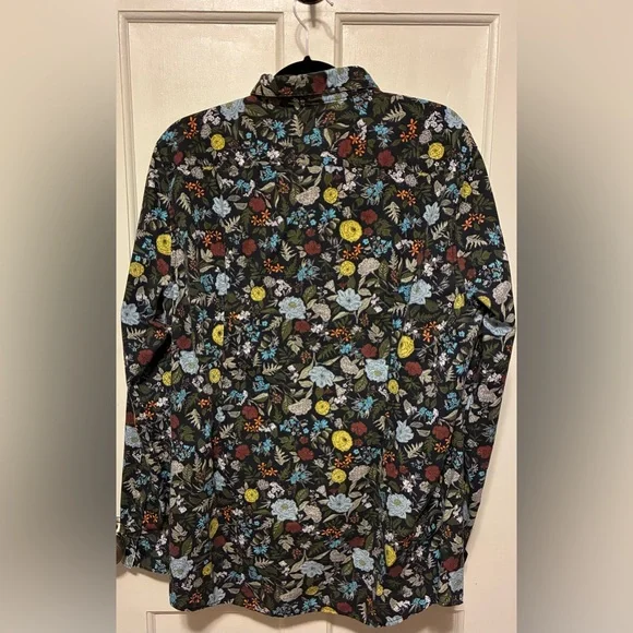 H&M Black Floral Button-Down Shirt with Yellow, Blue & Red Accents - Picture 2 of 4